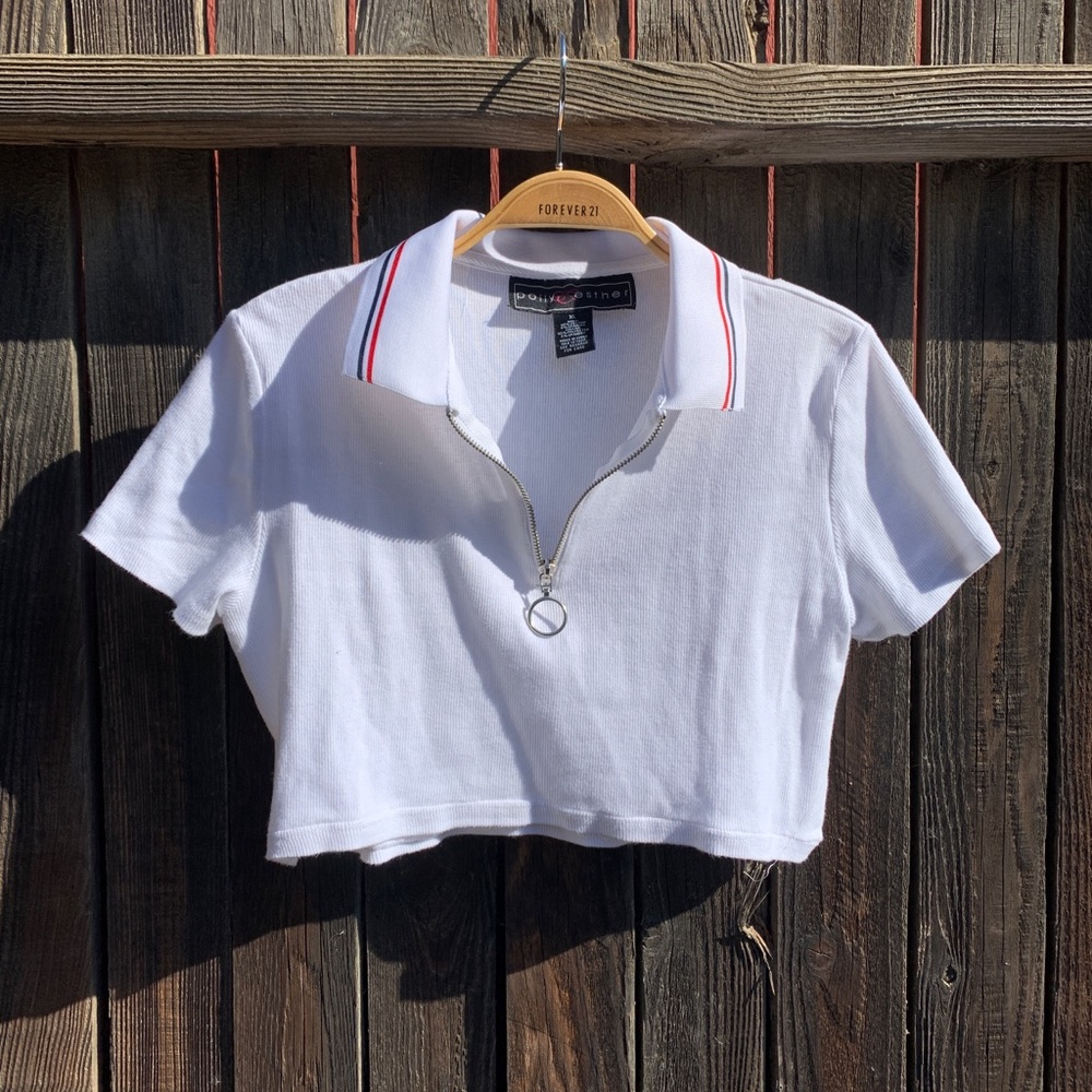 Cropped Half-Zip White Collared Top